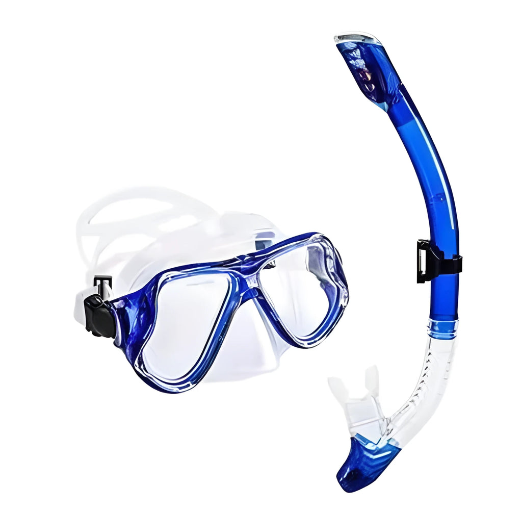 Set of anti-fog diving goggles with PC frame, silicone strap, and replaceable glass lens on a blue background.