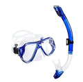 Set of anti-fog diving goggles with PC frame, silicone strap, and replaceable glass lens on a blue background.