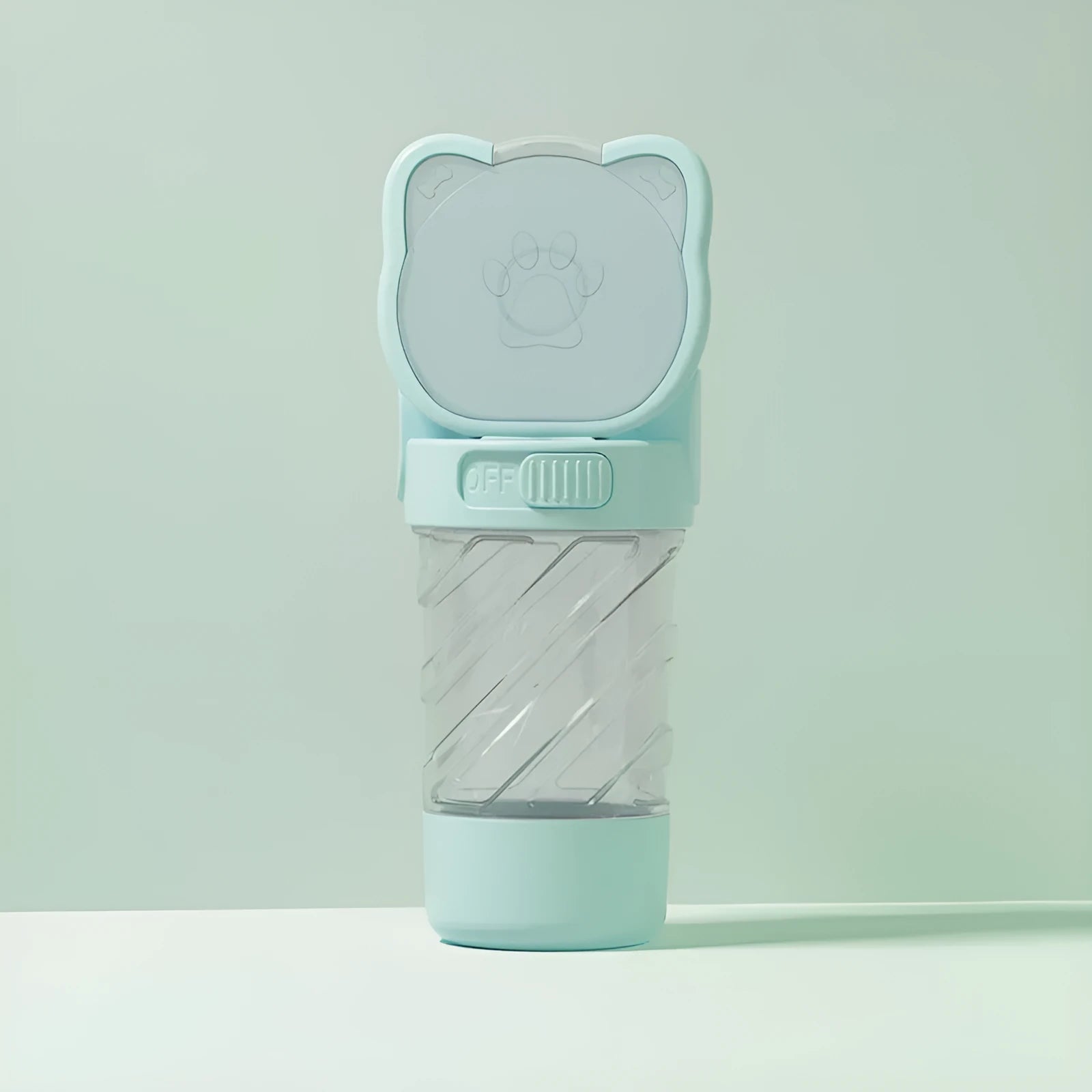 Green pink and white 3 in 1 portable pet water bottle with food container and bag dispenser