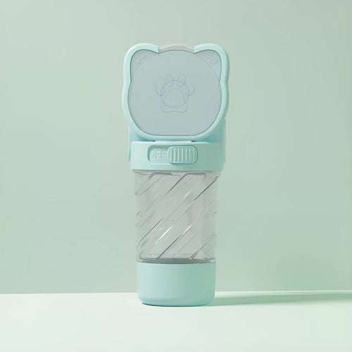 Green pink and white 3 in 1 portable pet water bottle with food container and bag dispenser
