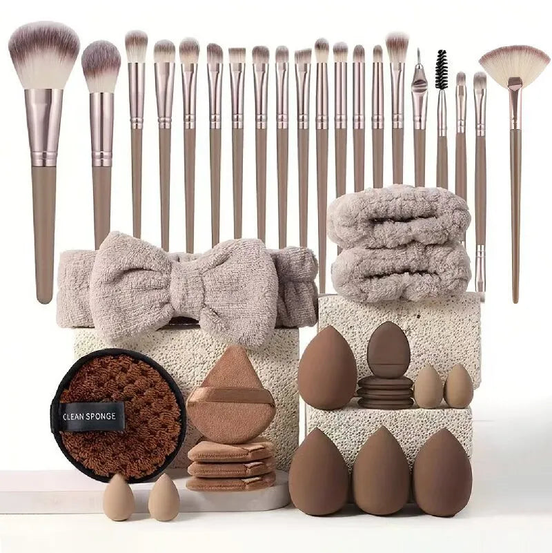 40-piece makeup brush set with hydrophilic non-latex bristles in brown, pink, and purple colour options