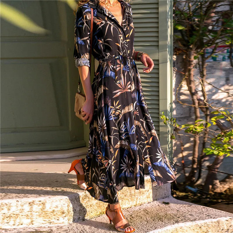 Vintage chiffon dress with V-neck collar, high waist, and A-line skirt in black, grey, white or blue