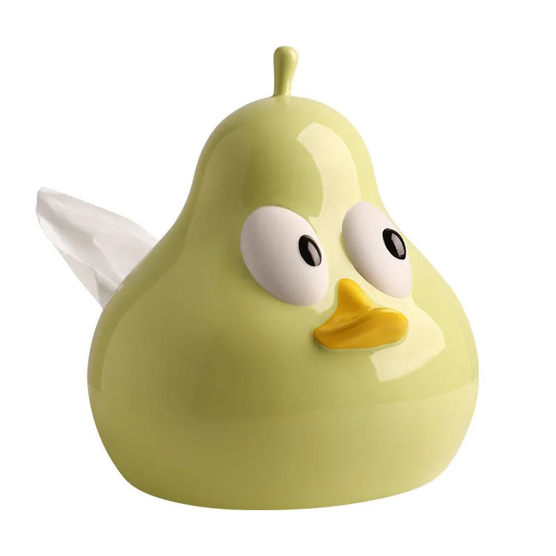 White ceramic pear-shaped tissue box holder with cute animal design in green glaze finish
