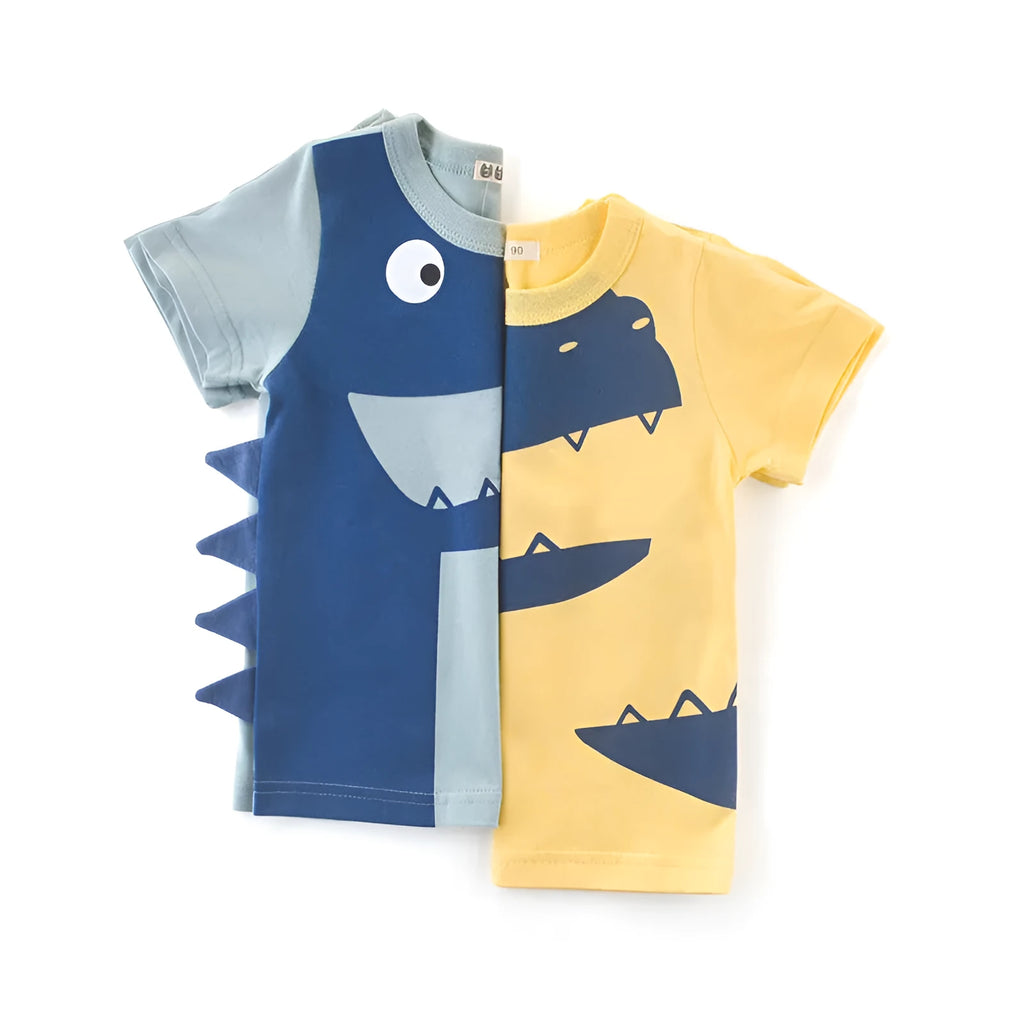 Summer boy's pure cotton short-sleeved T-shirt in blue on white background