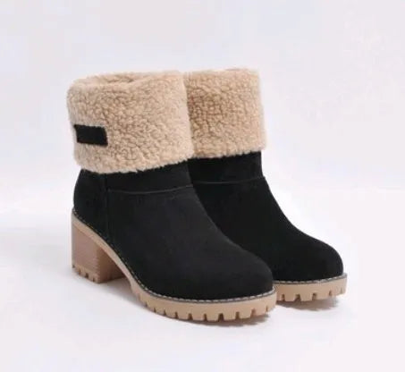 Women's mid-calf suede snow boots with a thick low heel and round toe in grey.
