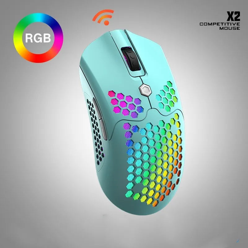 Free Wolf X2 wireless gaming mouse with RGB lighting shown in black, green, pink, white, and yellow colour variants.