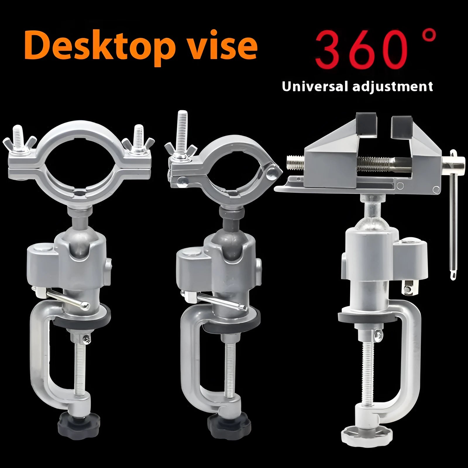 360 rotating clamp-on bench vise with tungsten steel jaws shown mounted to workbench edge