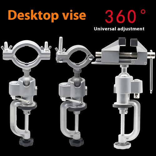 360 rotating clamp-on bench vise with tungsten steel jaws shown mounted to workbench edge