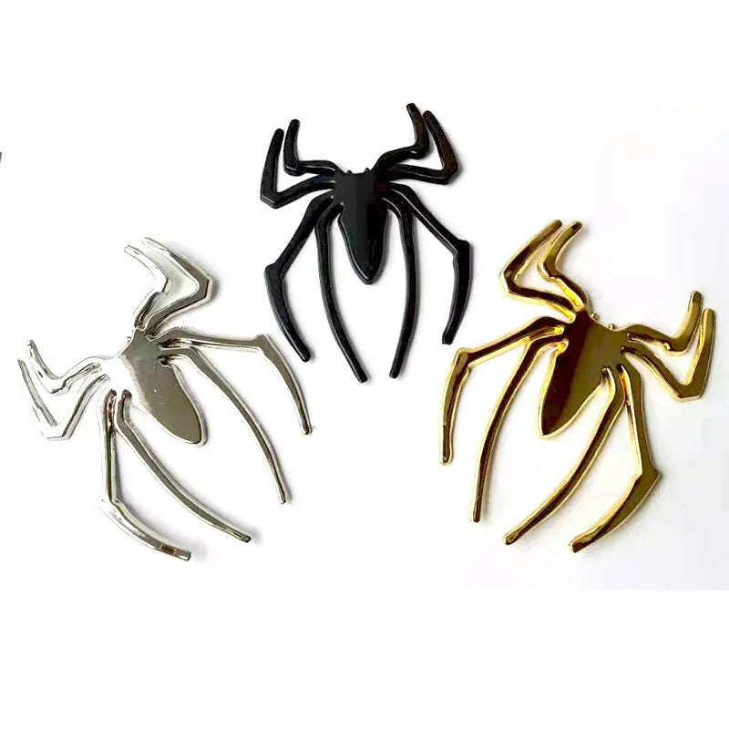 Three-dimensional metal spider bumper sticker in zinc alloy, showing detailed design