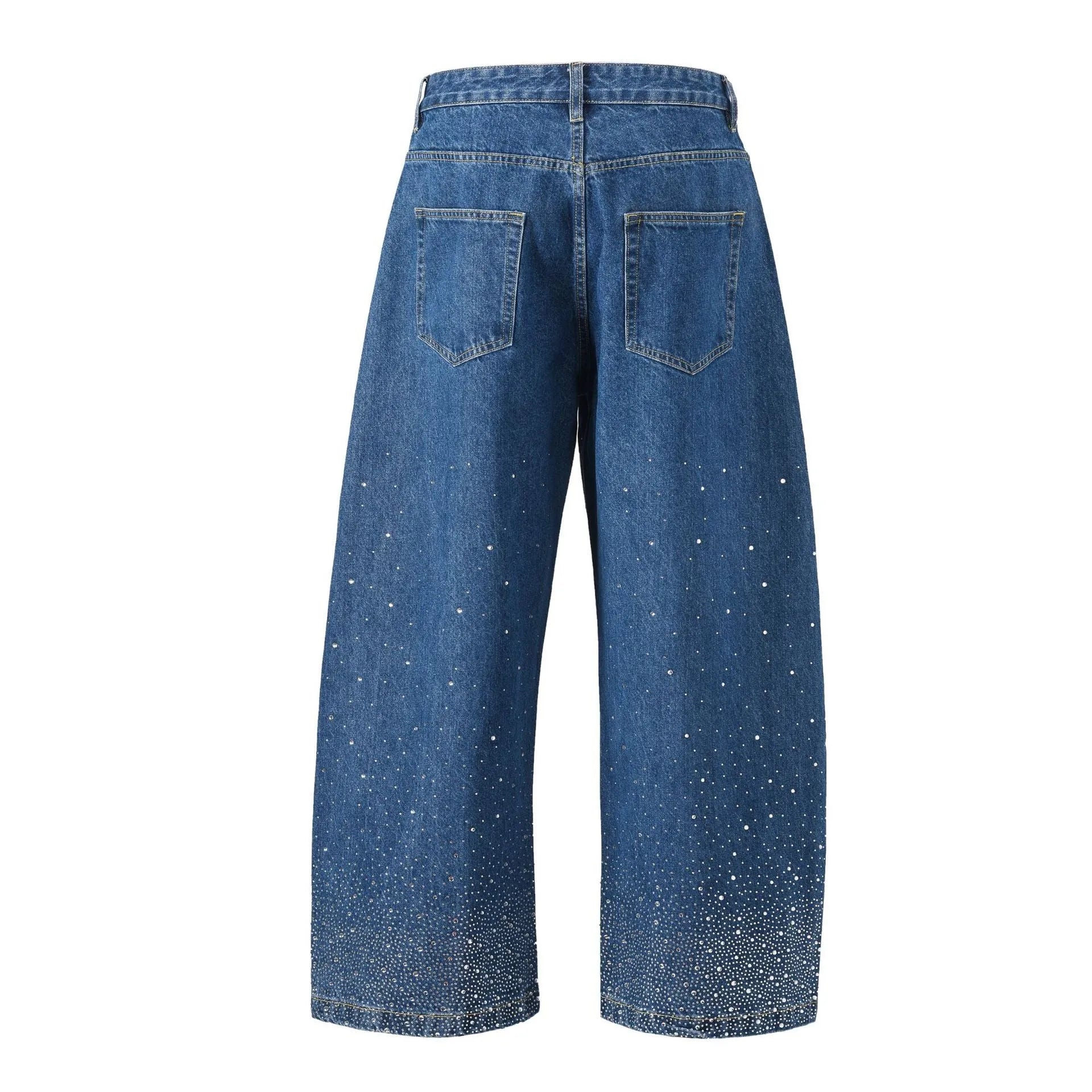 Blue and black loose-fitting cotton wide-leg trousers on hanger showing waist sizes 30-36
