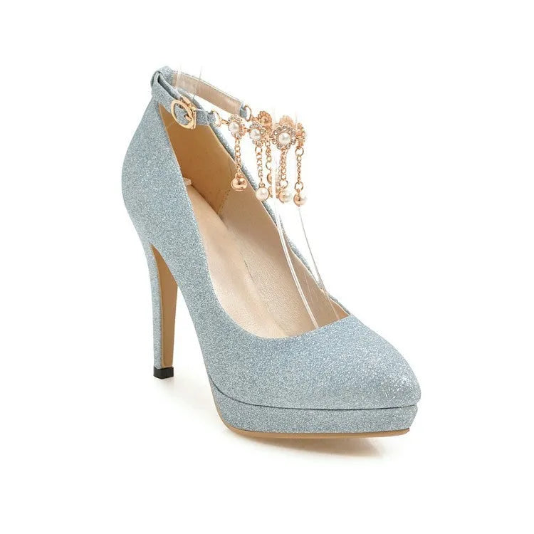 Women's blue platform stiletto heel with special fabric upper on a white background.