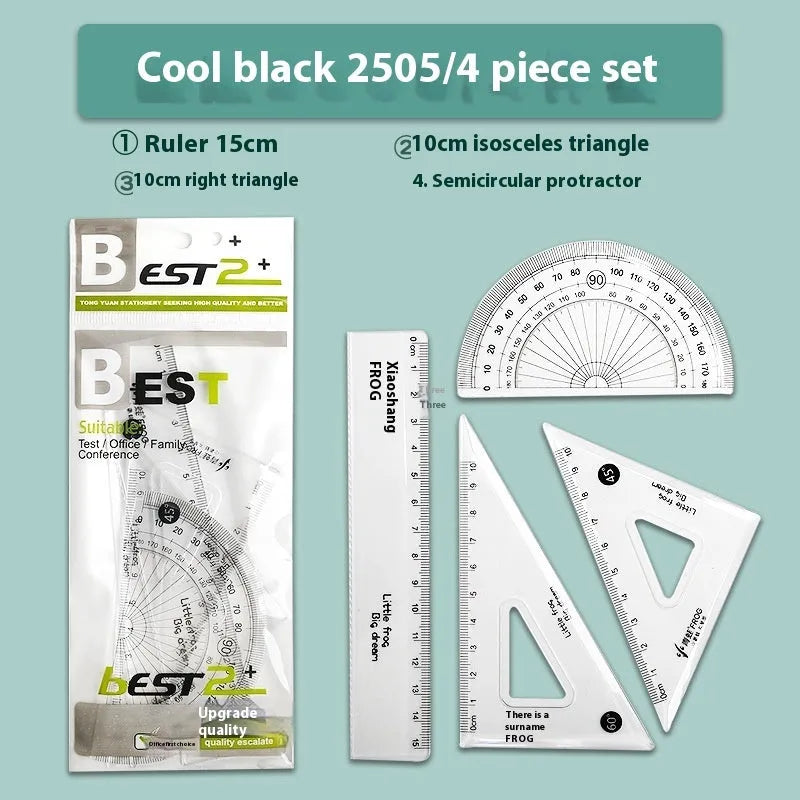 Youpai transparent acrylic ruler set with square and protractor on lined paper.