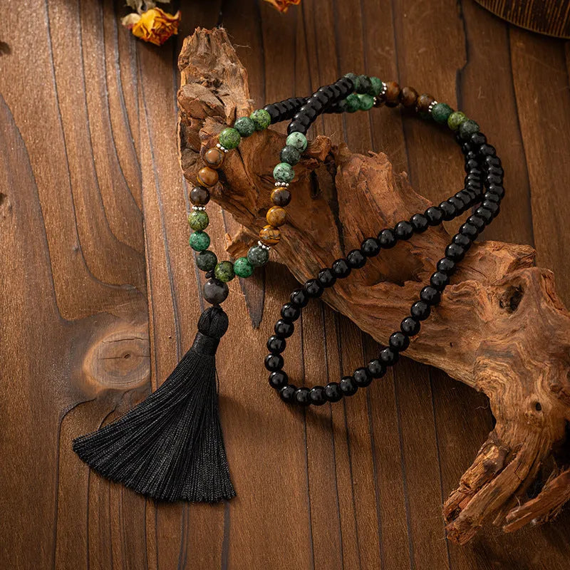 Vintage tassel bohemian style long necklace with geometric stone beads and matching bracelet