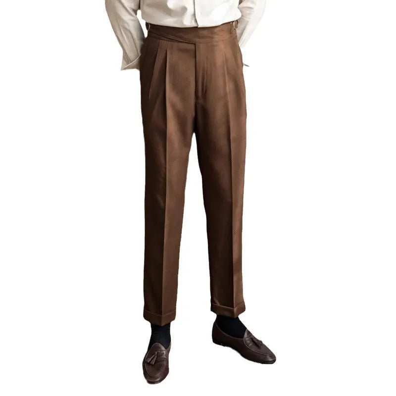 Men's high-waist straight-leg casual trousers in black, shown flat.