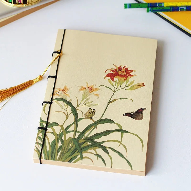 A5 antique wire-bound notebook with retro painting design on white cowhide cover