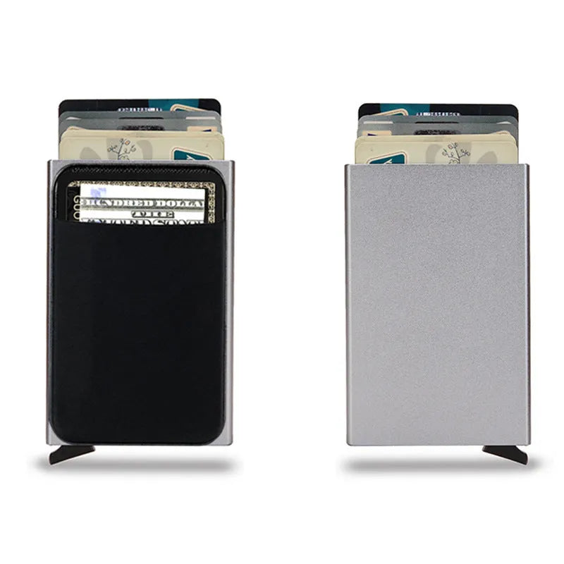 Metal credit card holder with RFID blocking in frosted aluminium alloy showing colour options