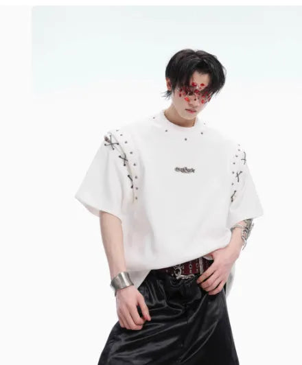 Black short sleeve T-shirt with a lace-up cutout detail on the front.