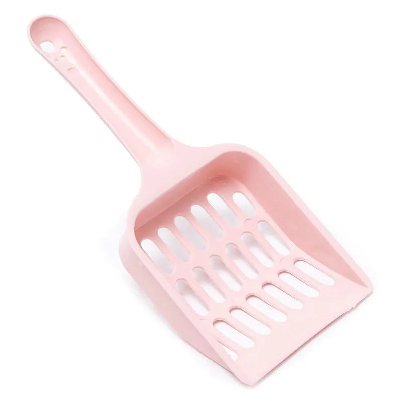 Blue plastic cat litter scoop for cleaning pet toilets, shown with dimensions.