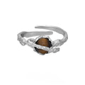 Women's adjustable Saturn tigereye open ring with electroplated white gold colour finish on silver