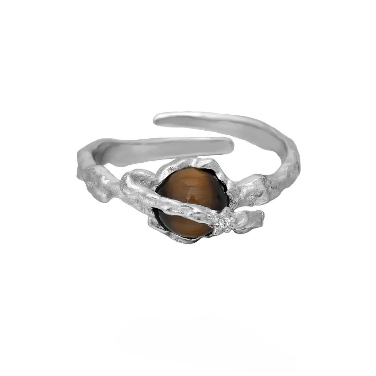 Women's adjustable Saturn tigereye open ring with electroplated white gold colour finish on silver
