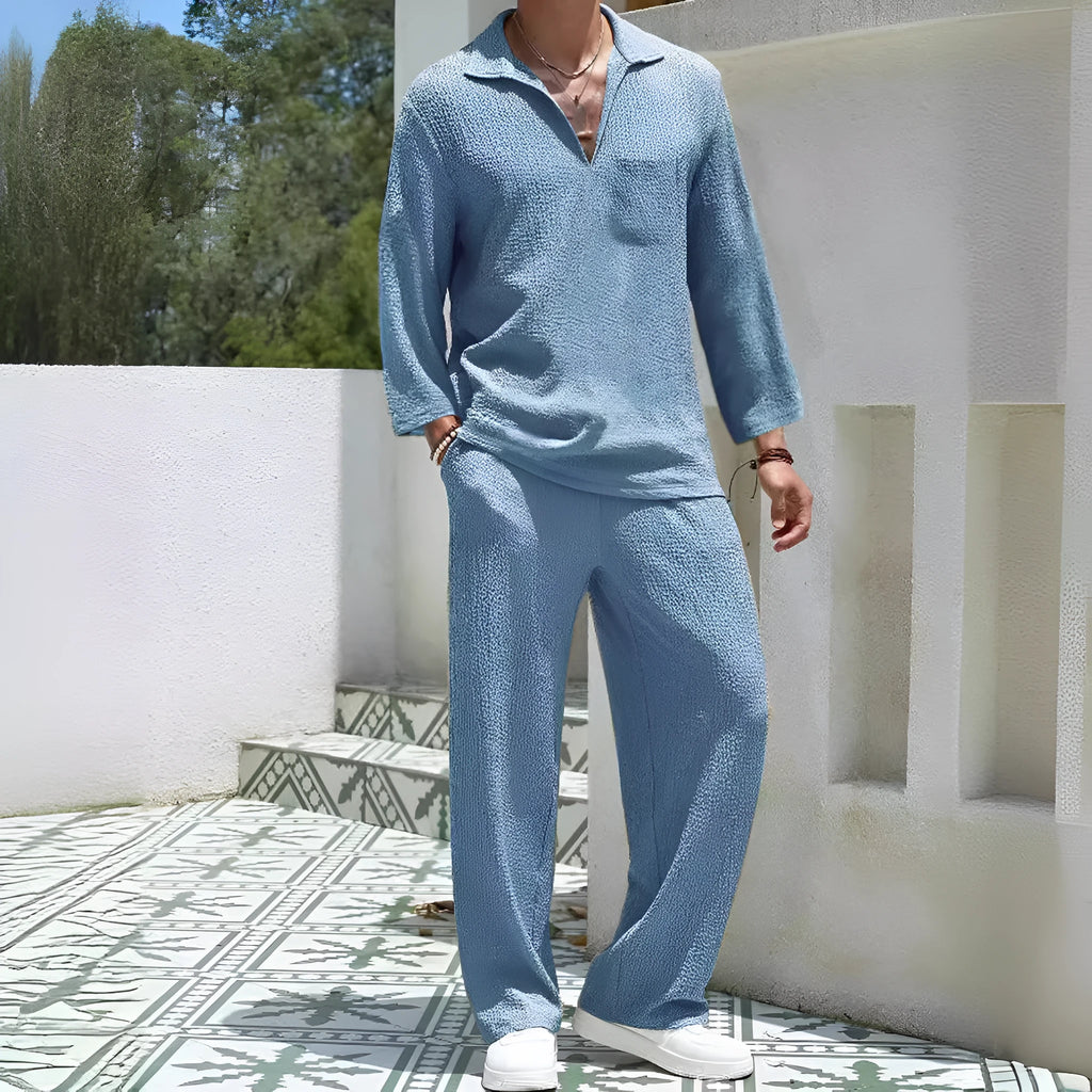 Men's casual shirt and trouser suit in polyester, shown in lake blue, for commuting and leisure wear.