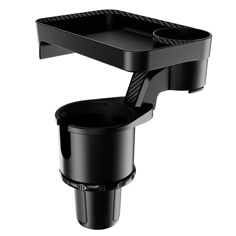 Black car cup holder dinner tray with 360-degree rotating base and adjustable plate positions