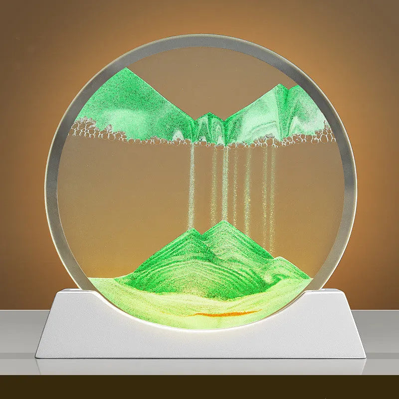 Rotating quicksand painting inside a modern 12-inch glass night lamp on a desktop