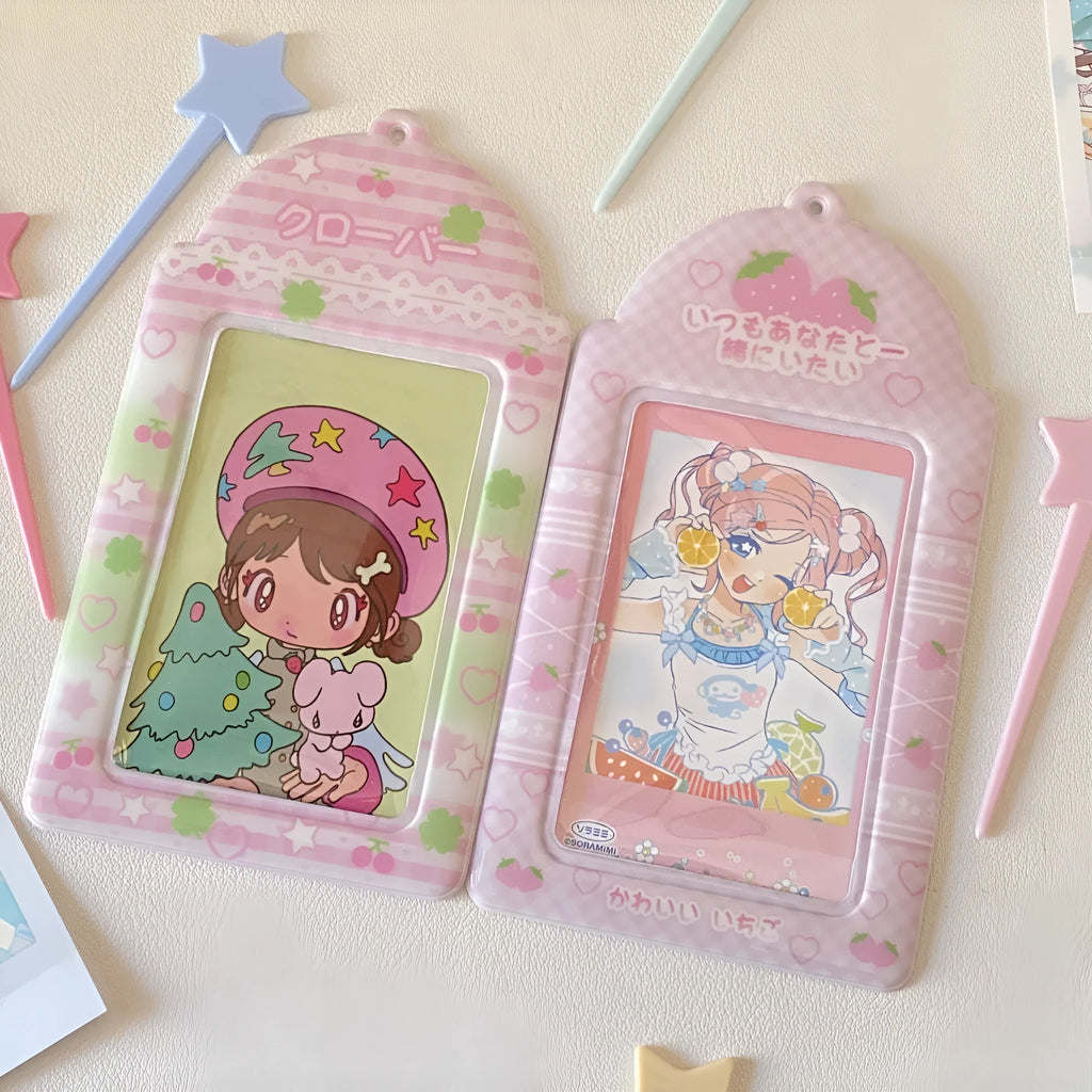 Cartoon PVC meal card holder in strawberry or four-leaf clover design measuring 7.6 by 13.6 cm