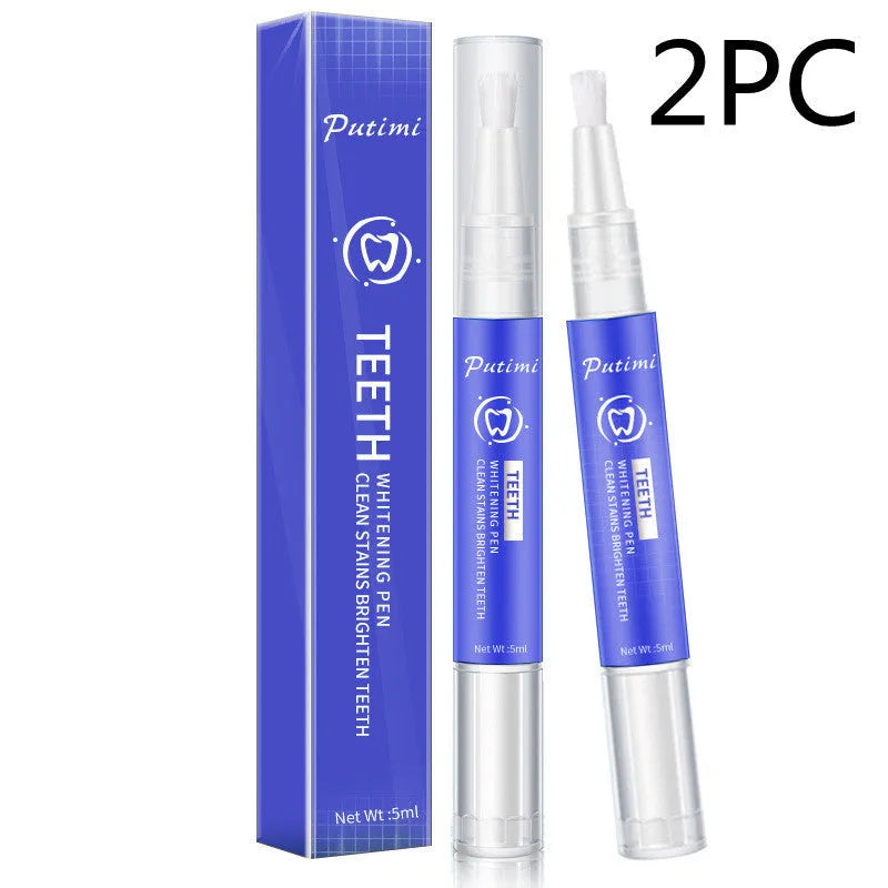 White teeth whitening pen with applicator tip on blue background