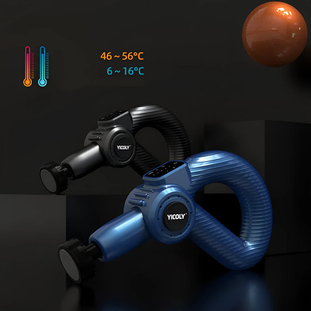 Black smart muscle massage gun with multiple attachable heads on a table