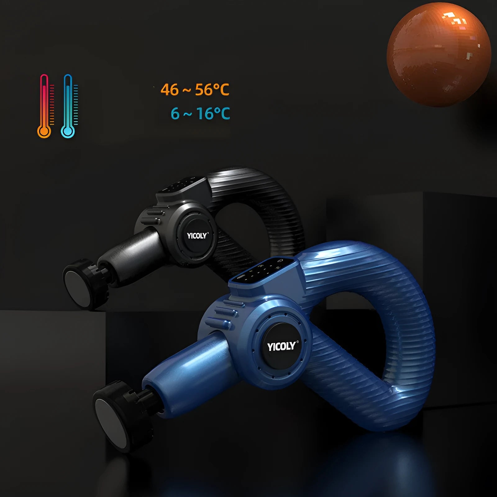 Black smart muscle massage gun with multiple attachable heads on a table