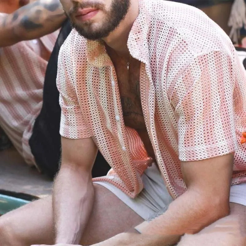 Pink men's loose cardigan shirt with waffle texture and short sleeves on a hanger