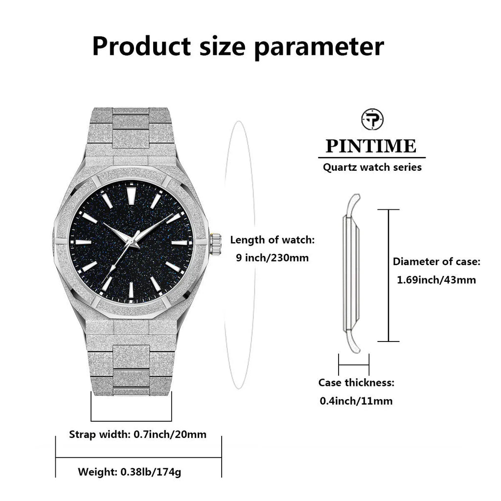 Stainless steel men's business watch with frosted case and luminous markers in black, gold, and silver colours
