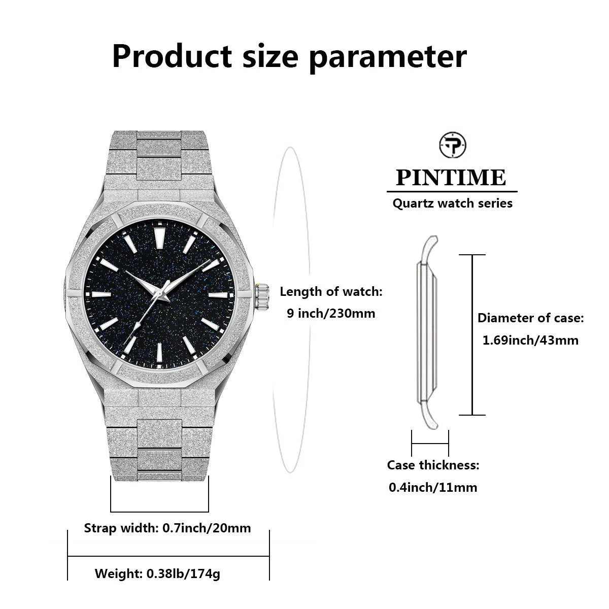 Stainless steel men's business watch with frosted case and luminous markers in black, gold, and silver colours