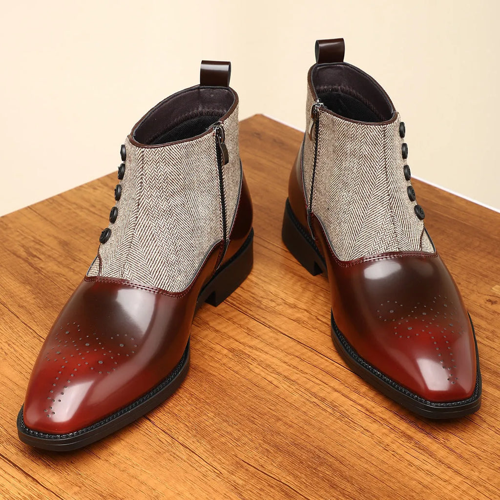 Men's brown and green retro business formal shoes with side zipper and square toe