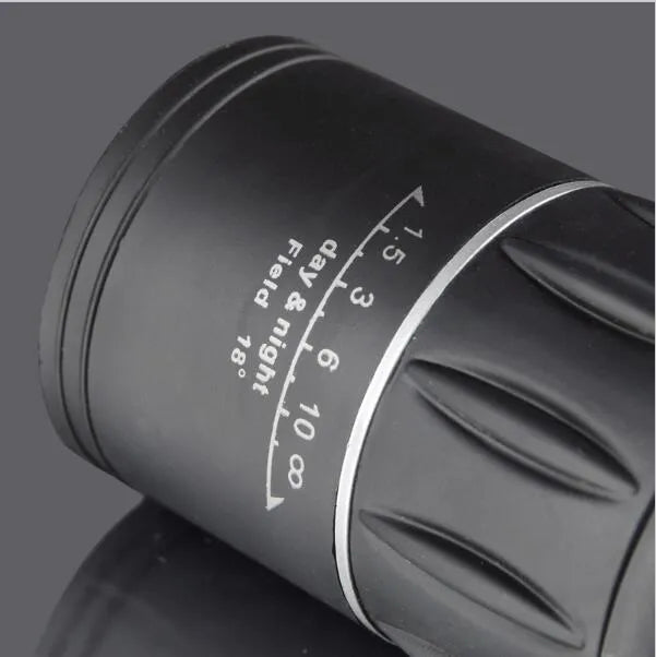 Black 16x52 high-power monocular with 52mm objective lens and green film coating