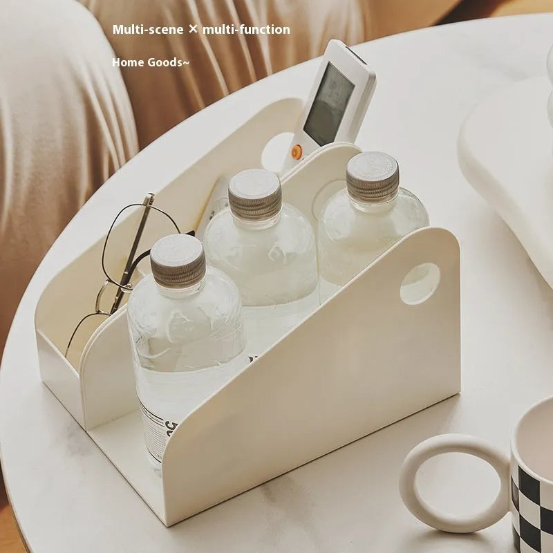 Desktop storage box with two-tier grid compartments in ivory white or milk coffee colour