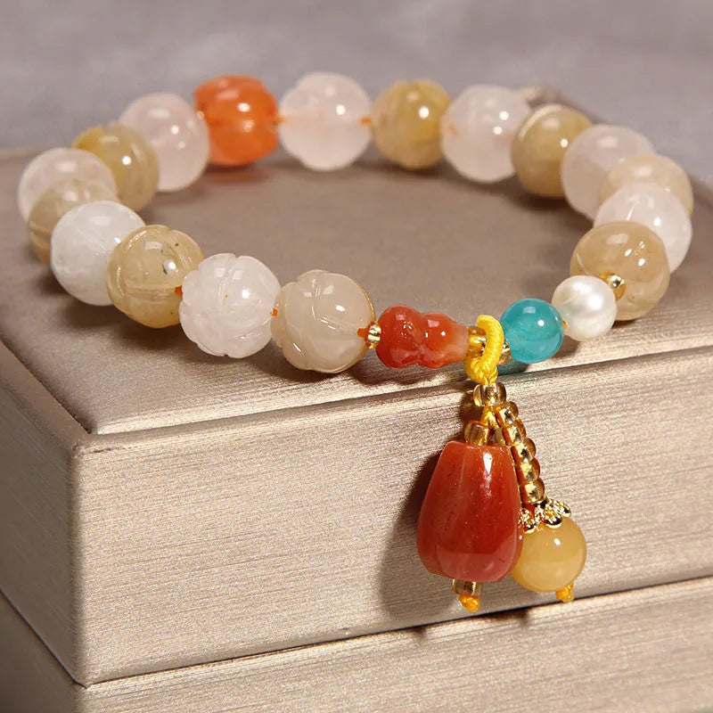 Khaki agate crystal bracelet for women with gold silk adjustable cord in Japanese Korean style