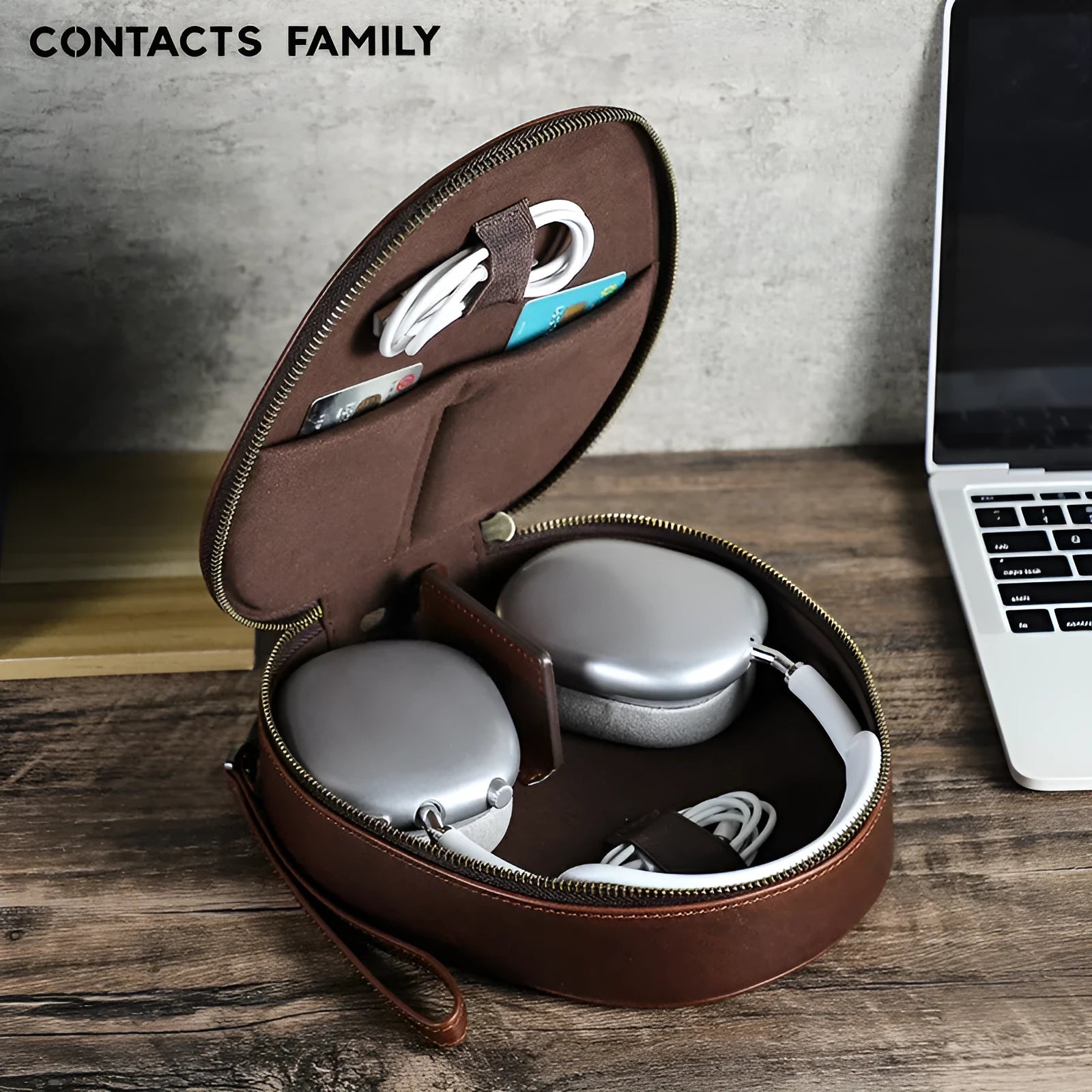 Brown genuine leather storage bag for Apple AirPods Max with lanyard on white background