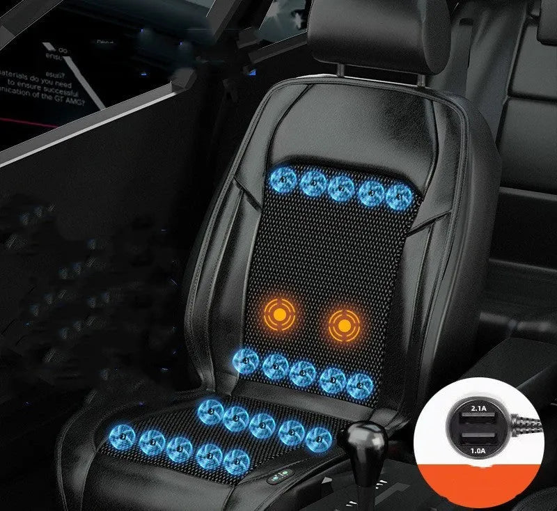 Black ventilated car seat cushion with multiple cooling fans, plugged into a 12V car socket.