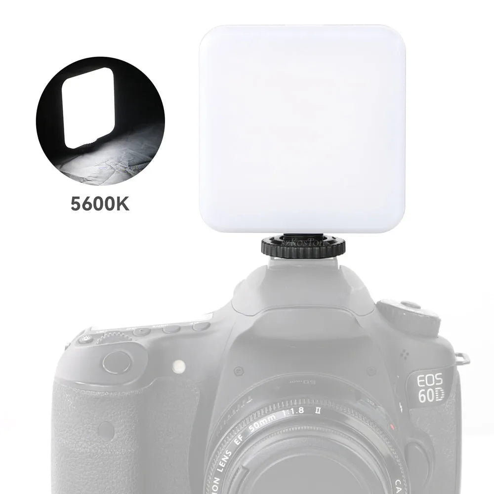 Compact square on-camera top flash unit with hot shoe mount and rotatable head.