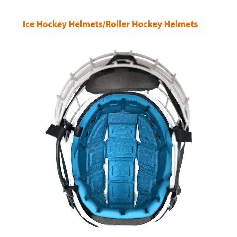 Ice hockey helmet with carbon steel face mask shown in four available sizes: S, M, L, and XL
