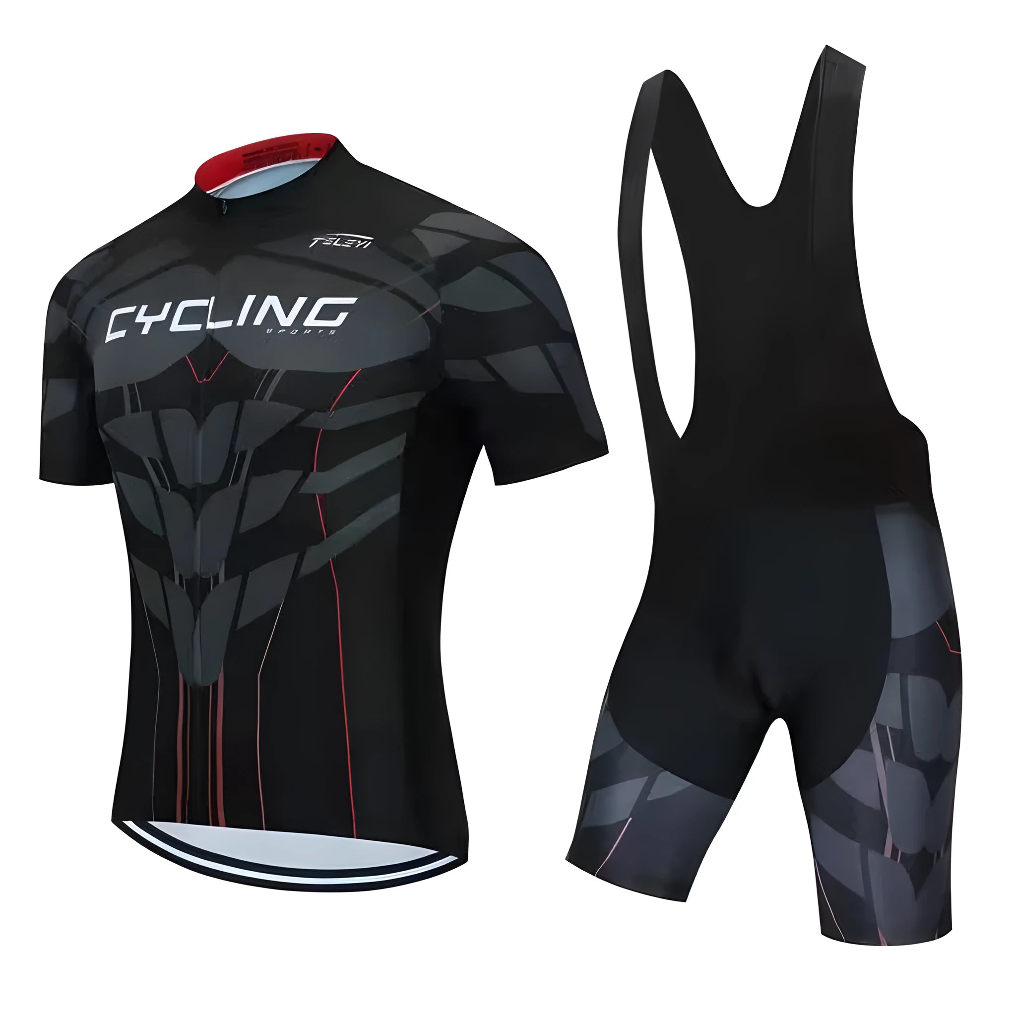 Men's and women's cycling jersey and shorts set in a colour style option, laid flat.