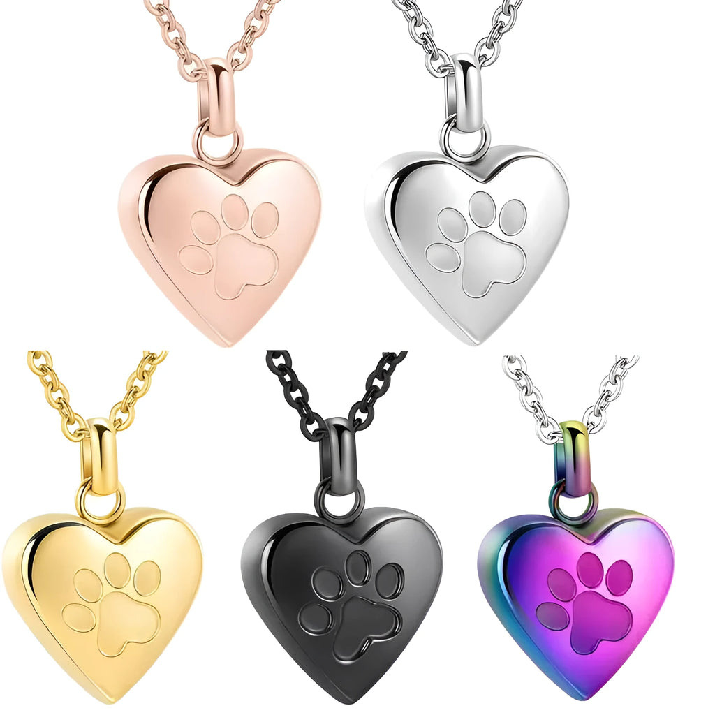 Simple titanium steel heart pendant necklace with paw print, opens for keepsakes.