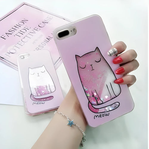 Four glitter cat phone cases for iPhone with bright colours and feline designs