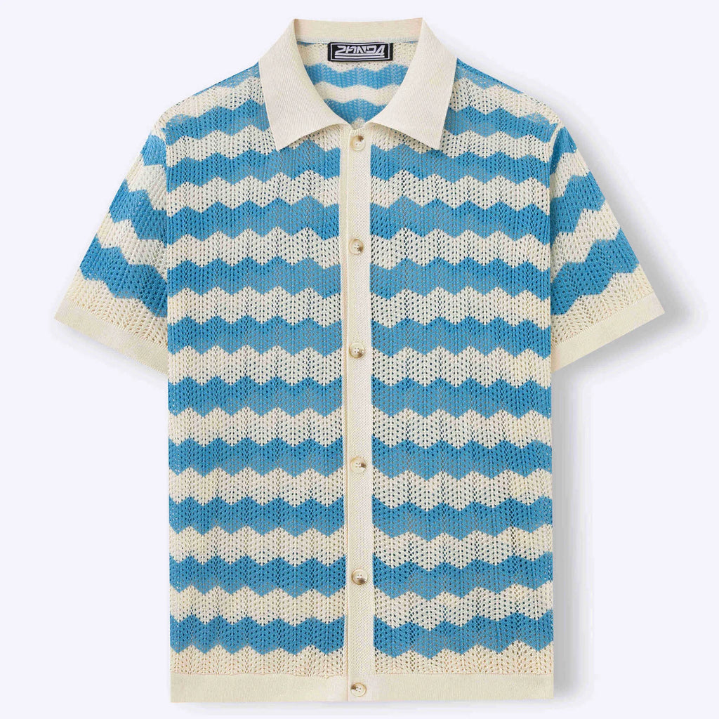 Tencel short sleeve sweater with hollow jacquard corrugated pattern in blue colour