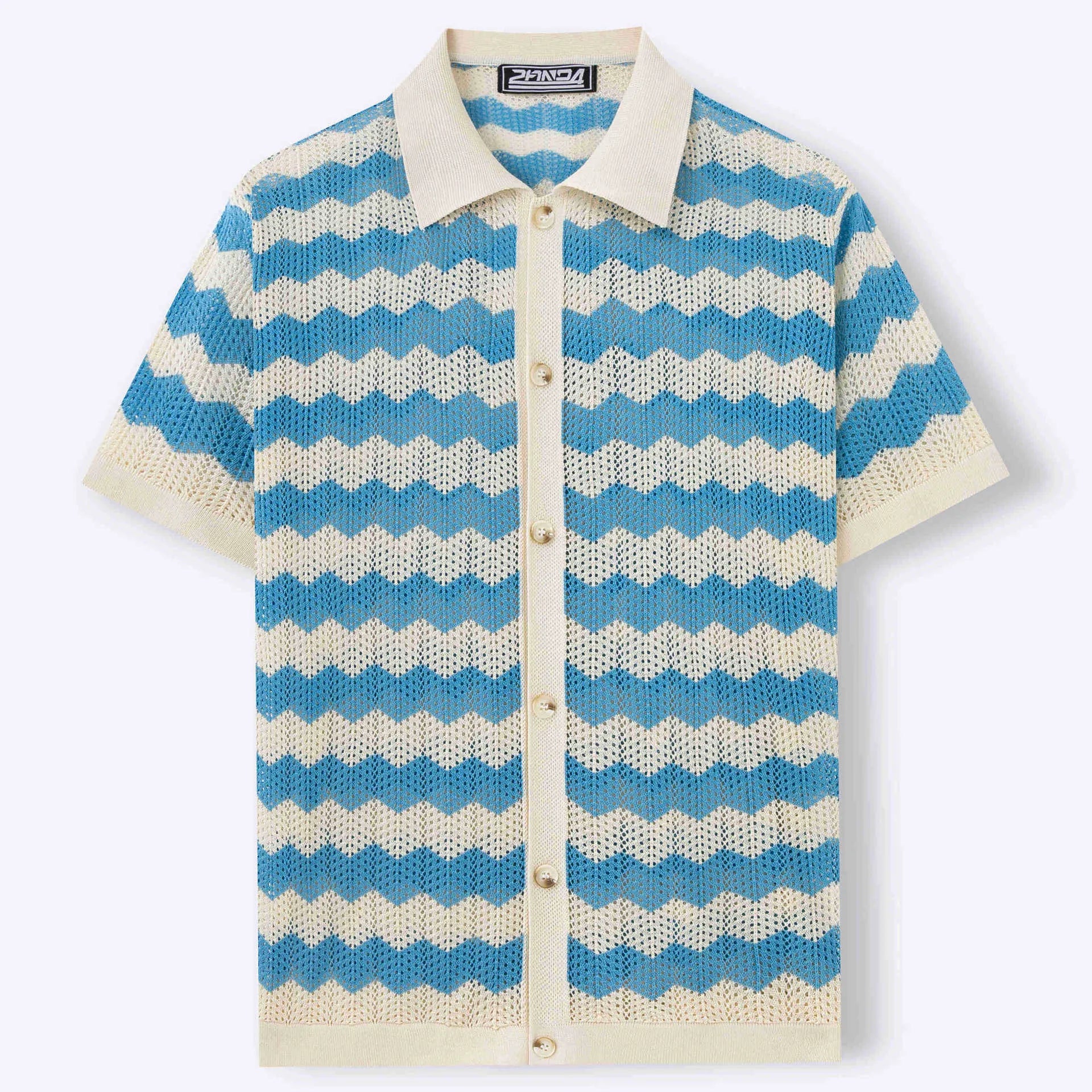 Tencel short sleeve sweater with hollow jacquard corrugated pattern in blue colour