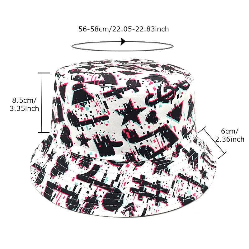 Retro bucket hat with white musical note print on a dark background, showing dome crown.