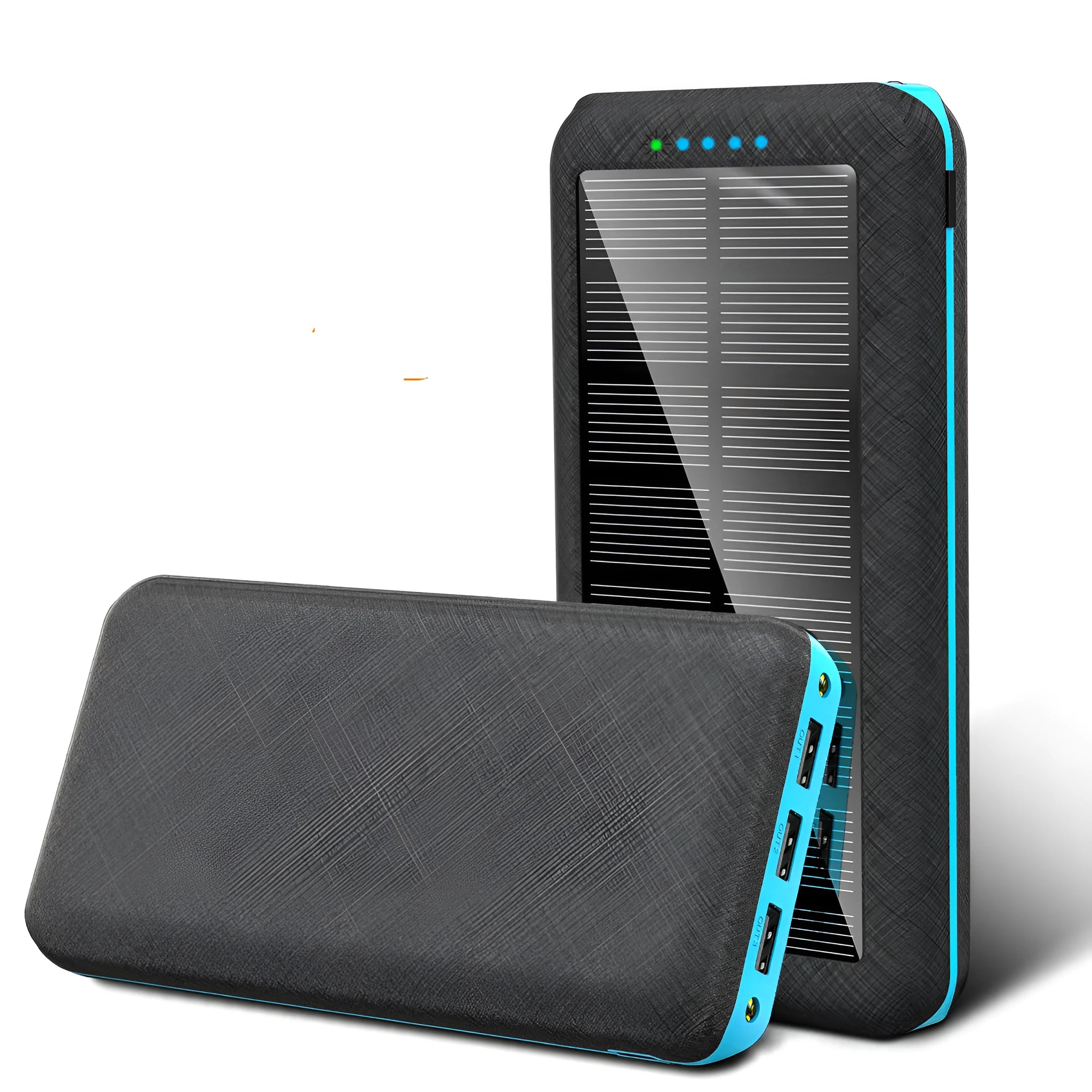 Black portable power bank with solar panel, wireless charging surface, and three USB output ports