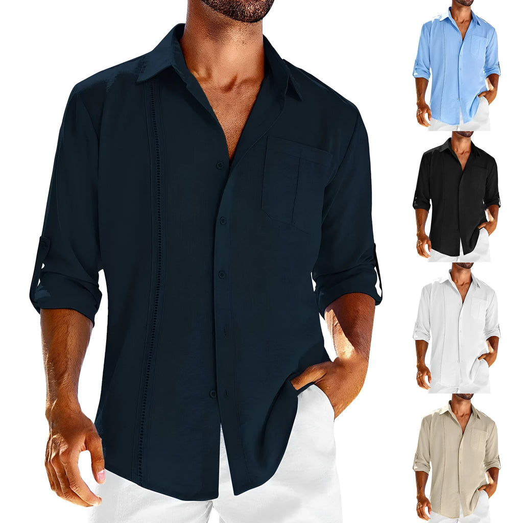 Men's grey casual long sleeve button-up shirt with a polo collar and lace detail on the chest pocket.